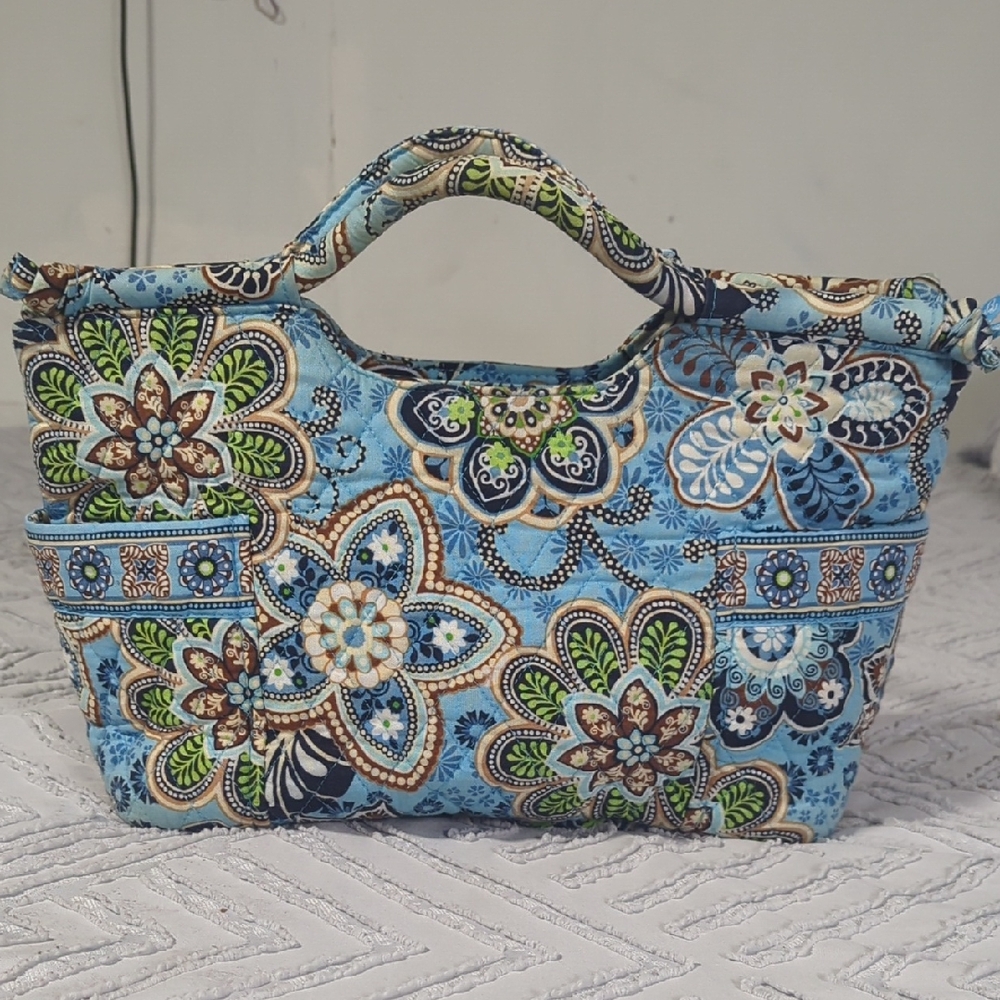 Vera Bradley Blue Floral Quilted Tote with Green and Brown Accents